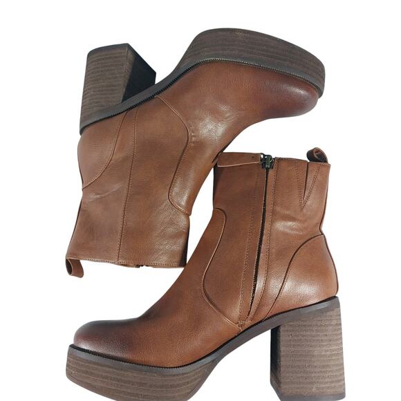 NWOT! ZODIAC! PECAN BROWN GENUINE LEATHER ULTRA CHUNKY HEEL ANKLE BOOTS! SZ 8.5M - Picture 6 of 11
